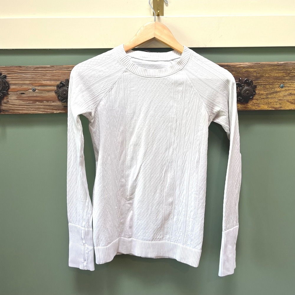 Lululemon Rest Less Pullover White Textured Knit Long Sleeve Thumbholes Size 4